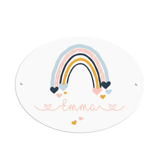 Namensschild für das Kinderzimmer | Ovales Schild für Mädchen u. Jungen | Personalisiert mit dem Namen und einen Regenbogen | 2 Farbvarianten zur Auswahl