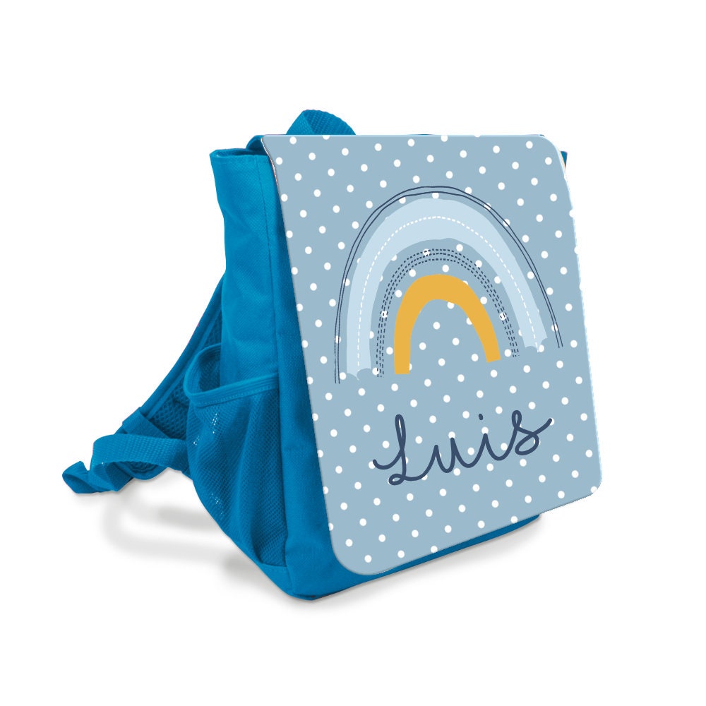 Schöner Rucksack für Kinder mit einem Regenbogen gestaltet | Personalisierter Kinderrucksack in Blau und Pink für Jungen u. Mädchen | Perfektes Geschenk für Kindergartenkinder im Alter von 2-5 Jahre | 2 Farbvarianten zur Auswahl
