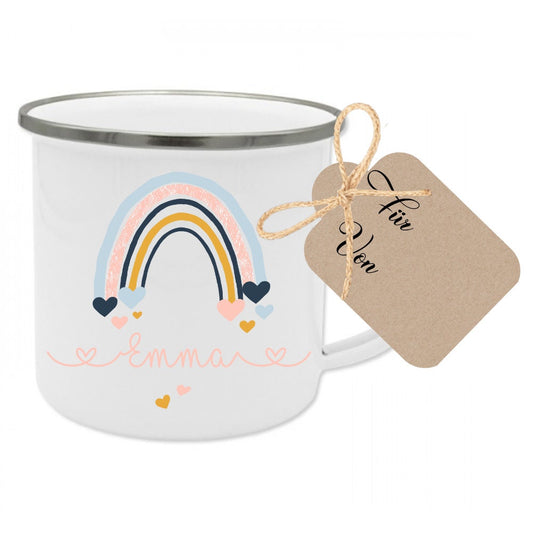 Tasse für Mädchen u. Jungen mit Namen und Regenbogen | Schönes Geschenk für Kinder | Personalisierter Kinderbecher aus Emaille | 2 Motivvarianten zur Auswahl