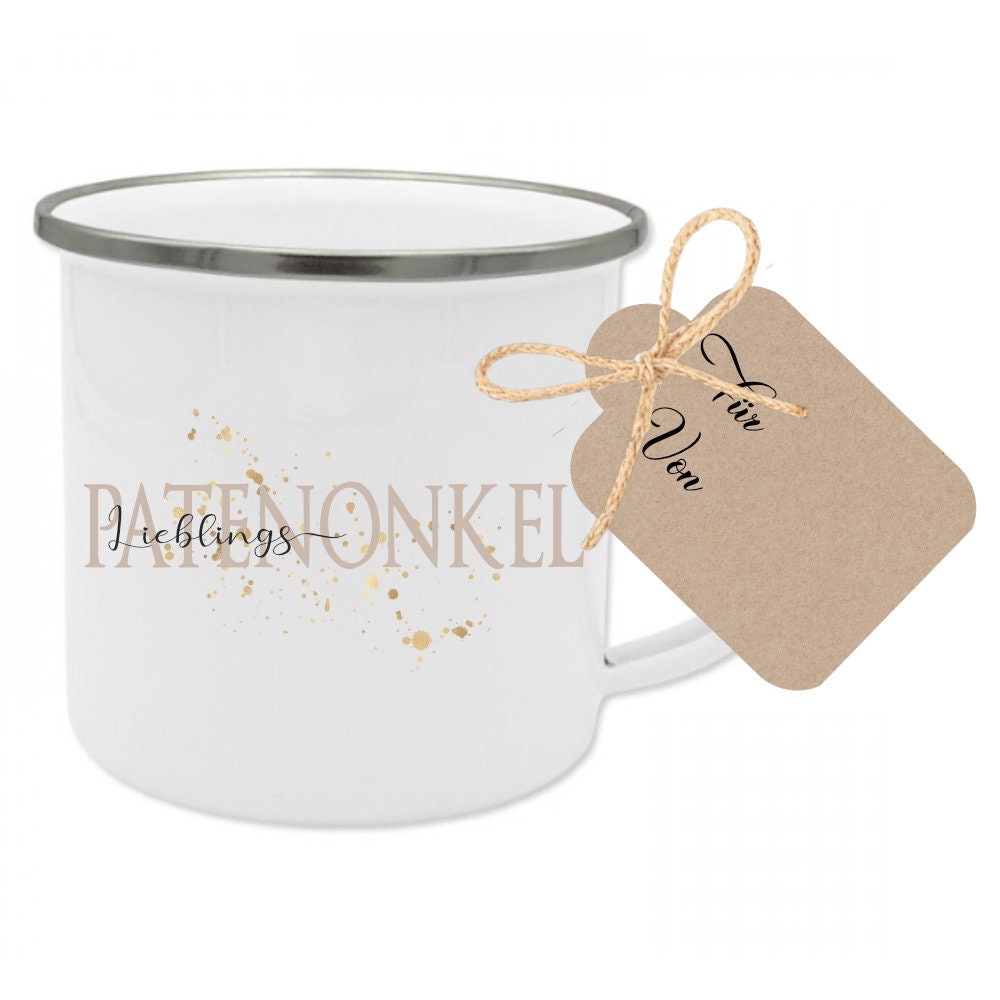 Tasse "Lieblingspatentante" | Geschenk für die Patentante | Emailletasse mit Geschenkanhänger | 2 Motivvarianten zur Auswahl