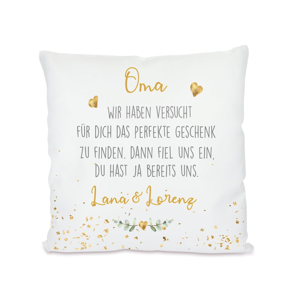 Personalisiertes Kissen mit Spruch "Oma, wir haben versucht..." | Originelles Geschenk für die Oma mit Namen der Enkel | 4 Motivvarianten zur Auswahl