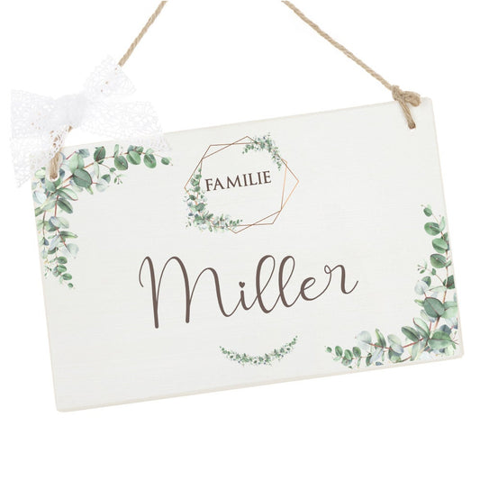 Türschild "Eukalyptus" mit Namen | Handgefertigtes Haustürschild aus Holz | Perfektes Geschenk für Familien u. zur Hochzeit | 2 Größen u. 2 Motivvarianten zur Auswahl