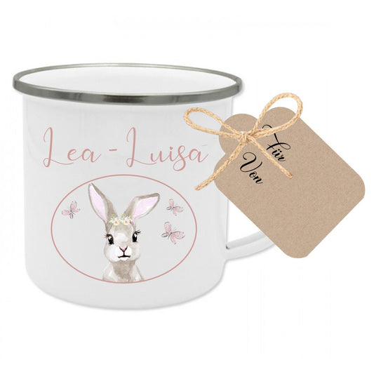 Kindertasse "Hase" mit Namen des Kindes | Trinkbecher aus Emaille für Mädchen u. Jungen | Niedliche Tasse  mit Geschenkanhänger | 5 Motivvarianten zur Auswahl