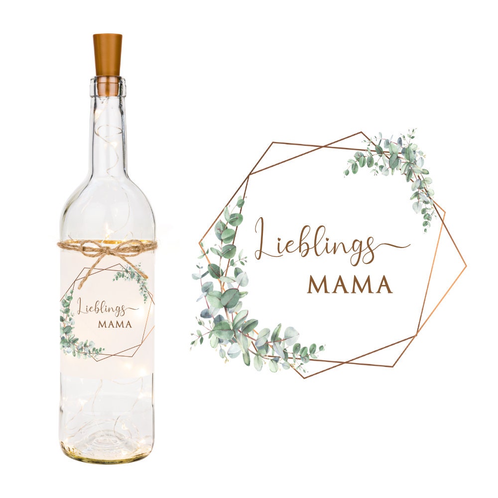 "Lieblingsmama" Leuchtflasche für die Mama | Flaschenlicht mit Schriftzug und Eukalyptus | Besonderes Geschenk für Mütter | 2 Motivvarianten zur Auswahl
