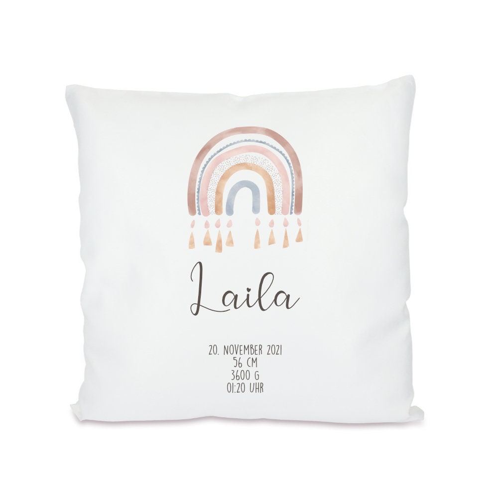Personalisiertes Kissen für Babys und Kinder | Babykissen “Regenbogen" mit den Geburtsdaten für Jungen u. Mädchen | persönliches Geschenk zur Taufe und Geburt | 5 Motivvarianten zur Auswahl