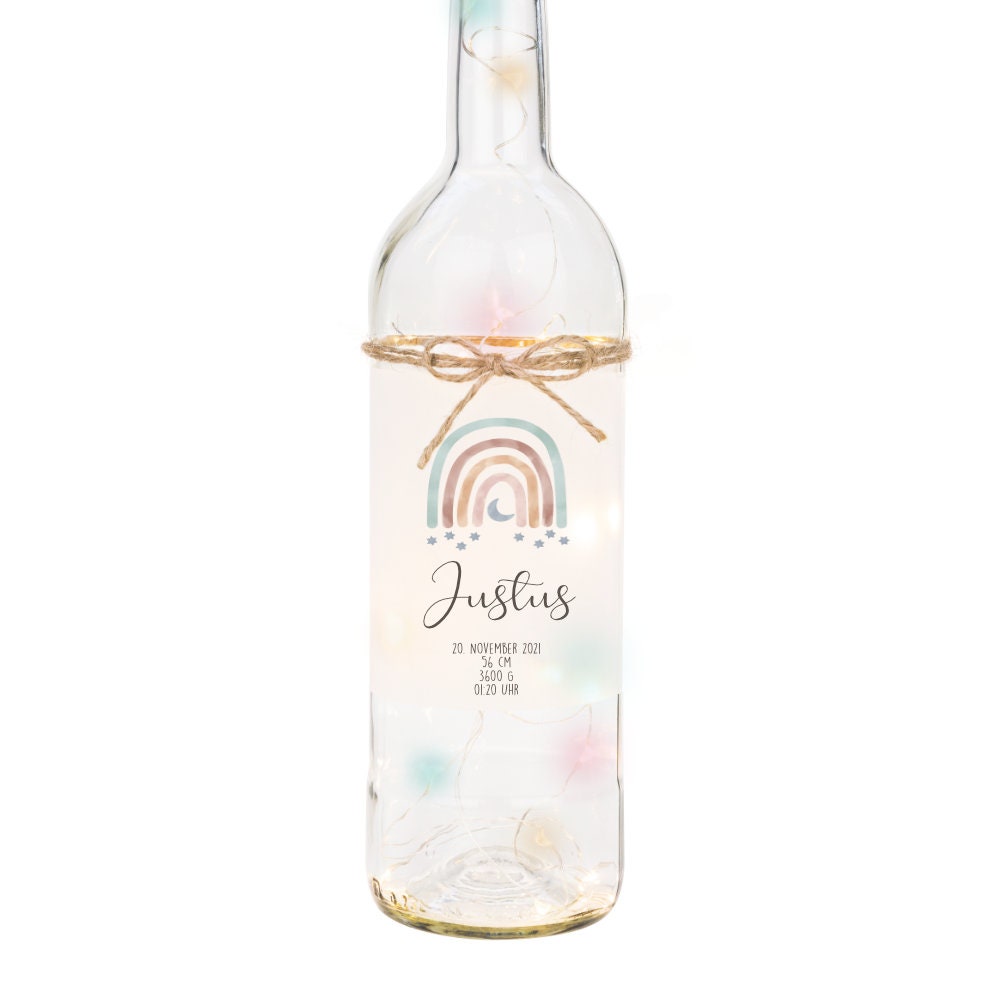 Personalisierte Leuchtflasche "Regenbogen" mit bunten Lichtern | Besonderes Geschenk zur Geburt, schöne Dekoration u. persönliche Erinnerung | 2 Motivvarianten zur Auswahl 