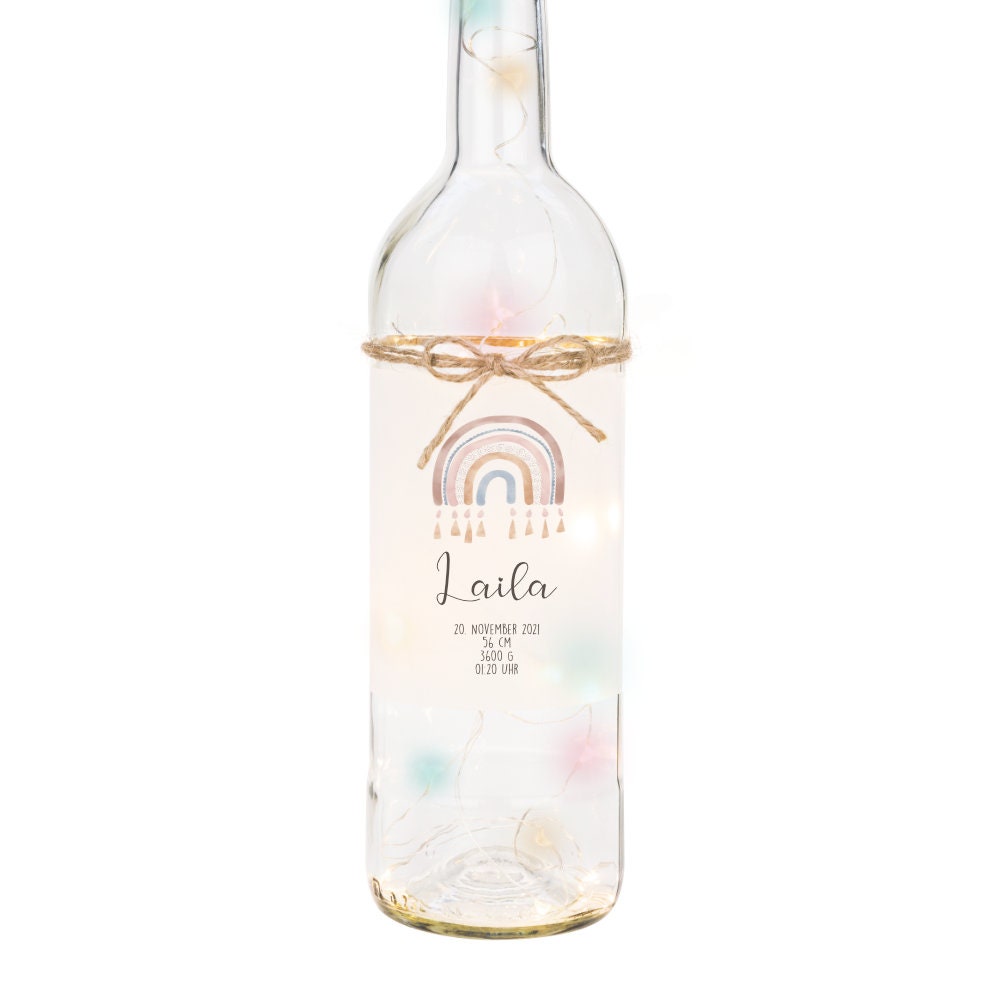Personalisierte Leuchtflasche "Regenbogen" mit bunten Lichtern | Besonderes Geschenk zur Geburt, schöne Dekoration u. persönliche Erinnerung | 2 Motivvarianten zur Auswahl 