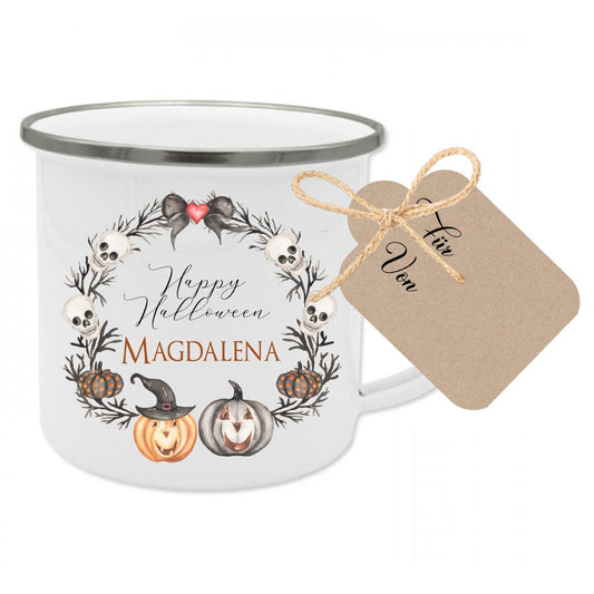 Tasse "Happy Halloween" | Kreative Geschenkidee zu Halloween | Becher aus Emaille | Personalisiert mit dem Namen | 4 Produktvarianten zur Auswahl