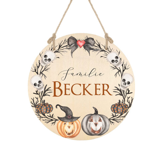 Originelles Türschild aus Holz "Halloween" | Personalisiertes Familienschild für die Tür | Handgefertigte Dekoration für Halloween | 4 Produktvarianten zur Auswahl