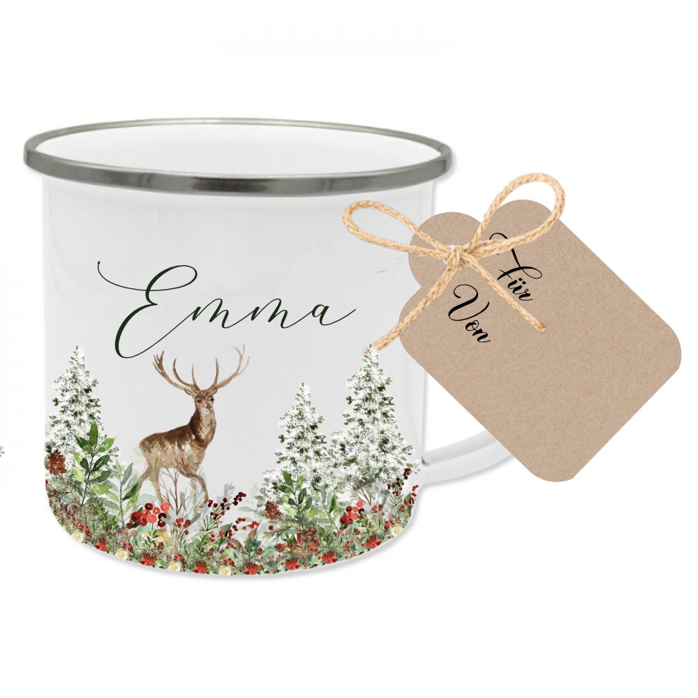 Weihnachtliche Tasse mit Namen und Geschenkanhänger | Tolles Tassengeschenk zu Weihnachten verschenken | Emailletasse mit Rentier